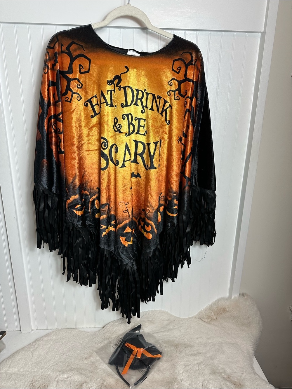 Halloween Fringe Poncho - "Eat, Drink & Be Scary" Orange & Black